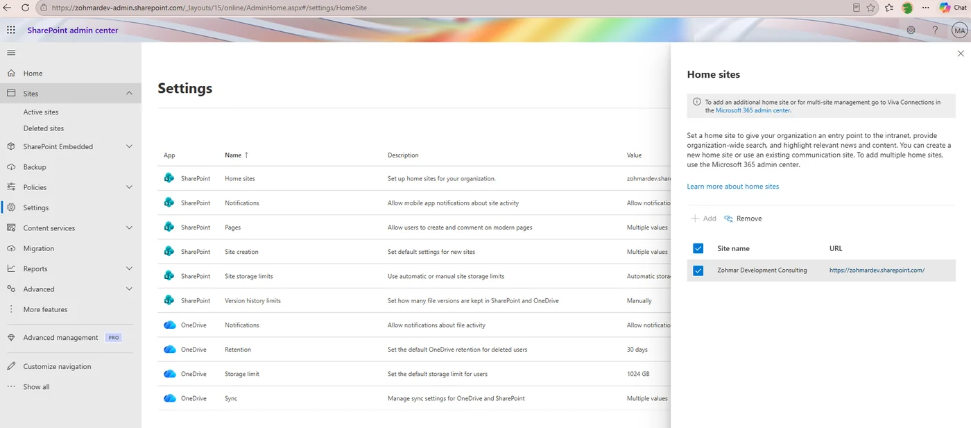 SharePoint admin center Settings page with the Home sites option