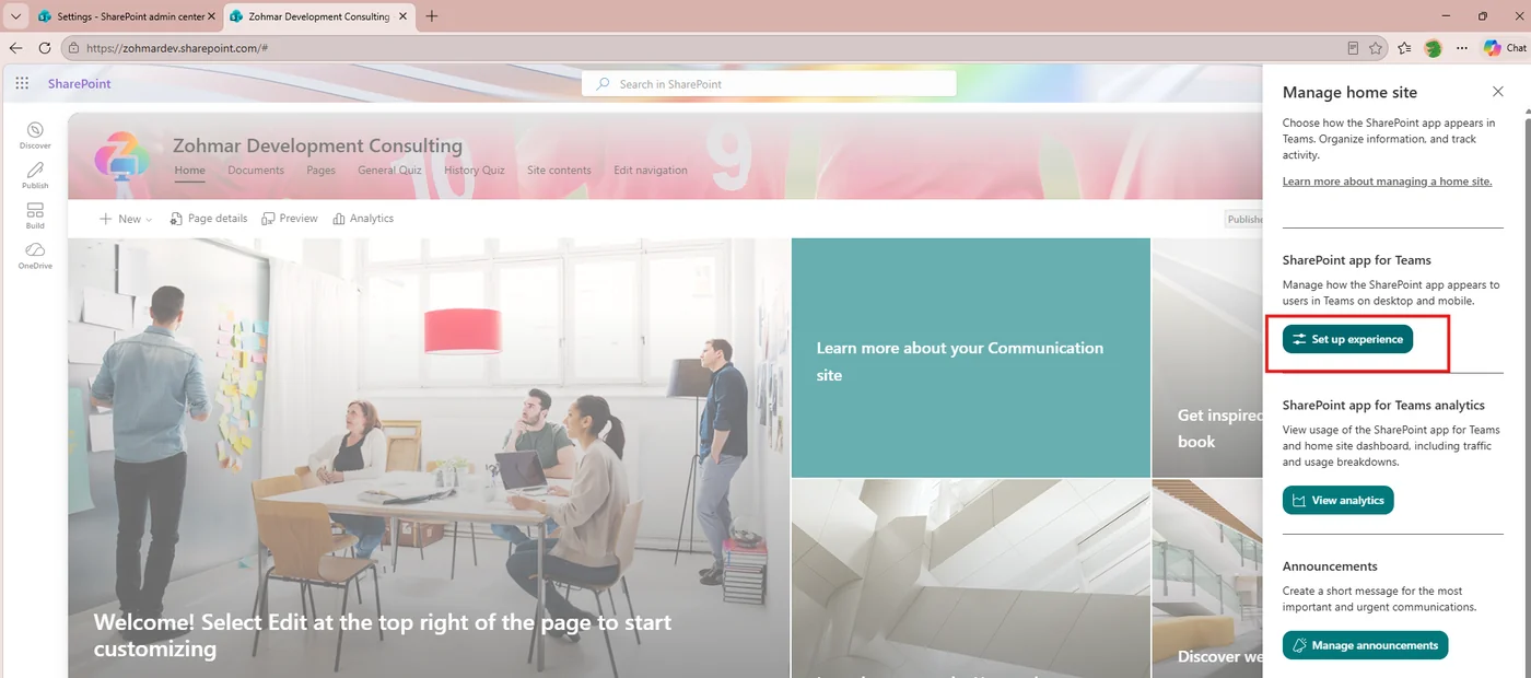 Manage home site panel opened from the gear menu on a SharePoint home site