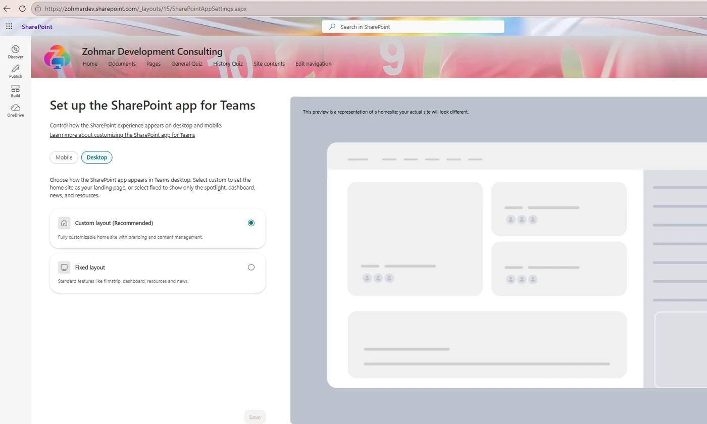 Set up the SharePoint app for Teams screen with Custom layout selected