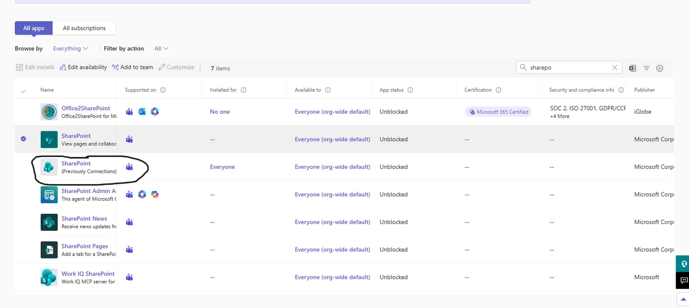 Teams admin center Manage apps list showing SharePoint, previously Connections