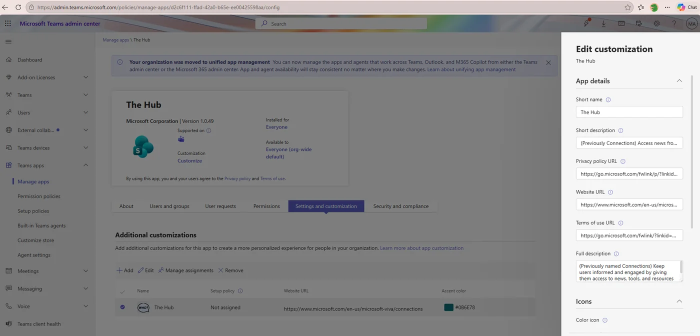 Customize screen in the Teams admin center with the app short name changed
