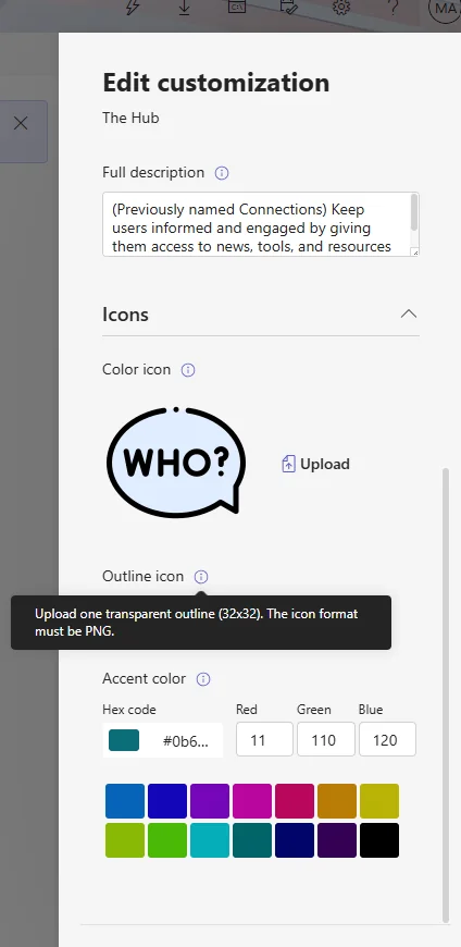 Icon upload panel with colour icon, outline icon and accent colour fields