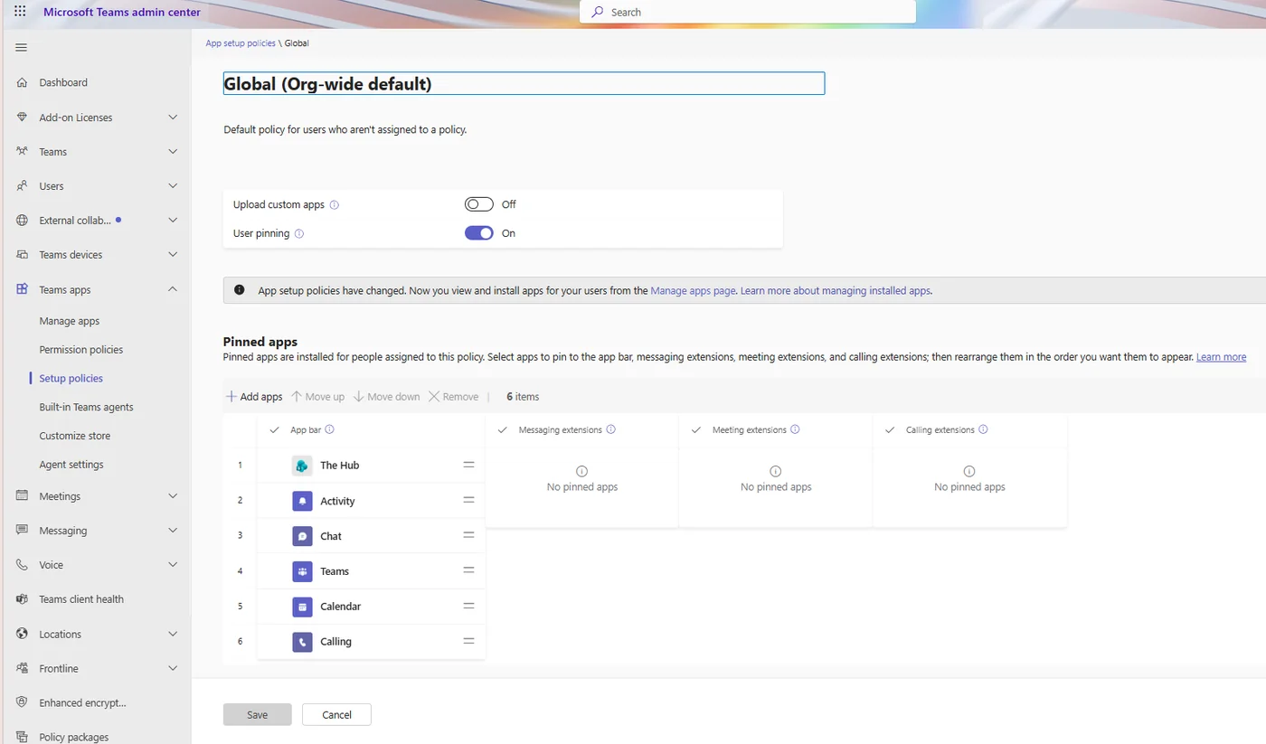 App setup policy in the Teams admin center with the renamed app pinned first