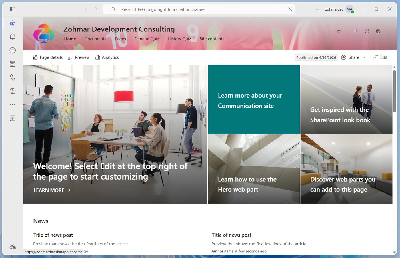 SharePoint intranet home page open inside Microsoft Teams with the app pinned in the left rail